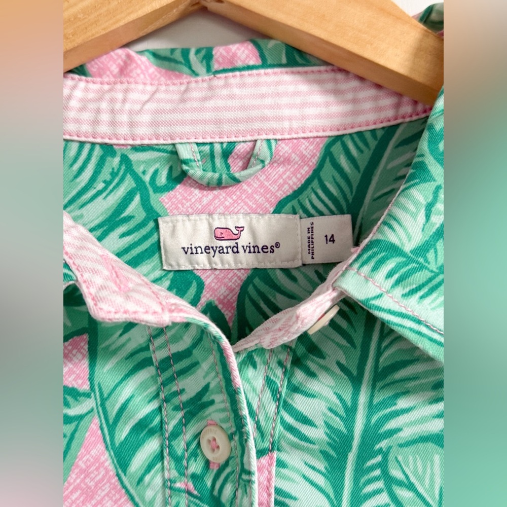 Vineyard Vines Palm Print Shirt Dress Size 14 Pink Green Sleeveless - Picture 3 of 16